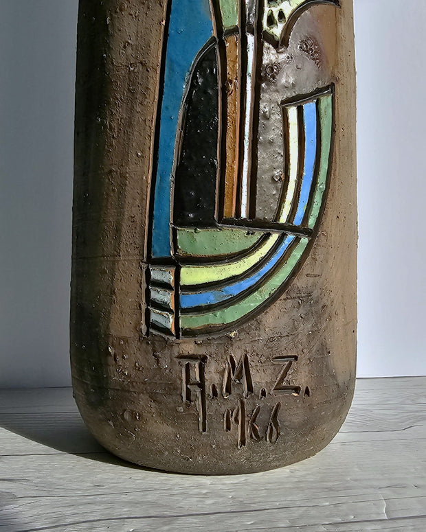 Tilgmans Keramik Ceramic Marian Zawadski for Tilgmans Keramik 1966 Mid Century Modern Sgraffito Sculptural Bottle Floor Vase