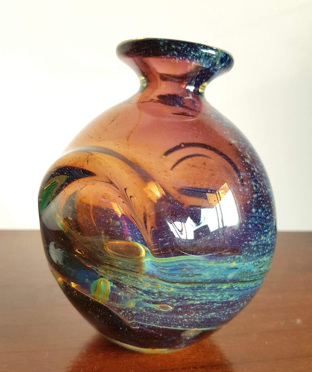 Mdina Glass Glass 1970s Maltese Mdina Pulled Ears 'Poppa', Amber, Purple, Blue and Yellow Biomorphic Art Glass Vase