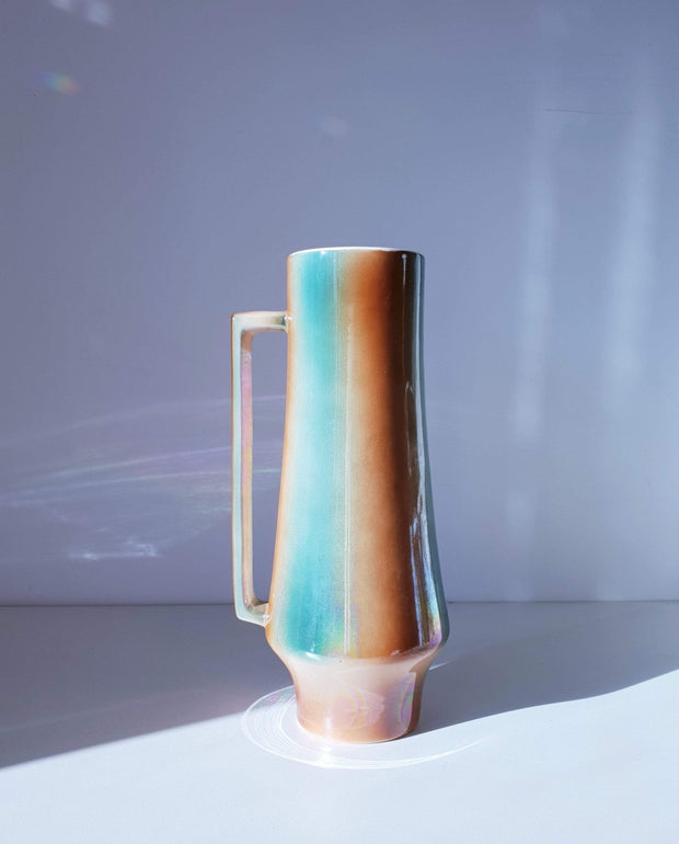 AnyesAttic Ceramic Mid Century Art Deco, Teal Green and Sienna Iridescent Lustre Glaze Pitcher Vase, 1960s - 70s