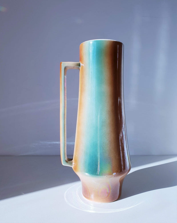 AnyesAttic Ceramic Mid Century Art Deco, Teal Green and Sienna Iridescent Lustre Glaze Pitcher Vase, 1960s - 70s