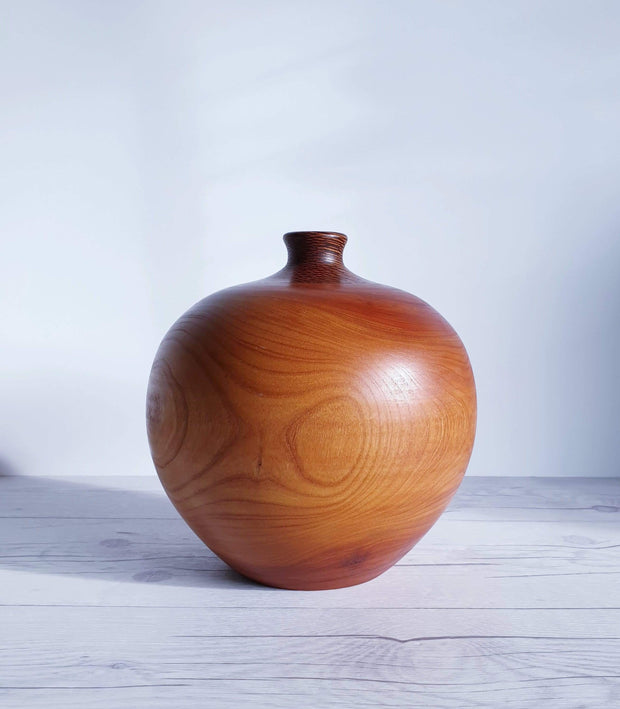 AnyesAttic Curio Mid Century Modern Hand Turned and Polished Cherrywood with Leopardwood Inlay Ball Vase