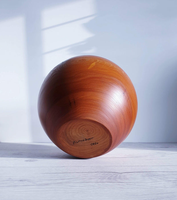 AnyesAttic Curio Mid Century Modern Hand Turned and Polished Cherrywood with Leopardwood Inlay Ball Vase