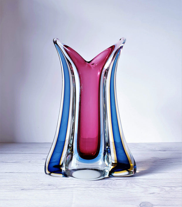 AnyesAttic Glass Mid Century Murano att. Flavio Poli, Multi-Layer Sommerso Sculpted Vase | 1950s-70s, Rare Form