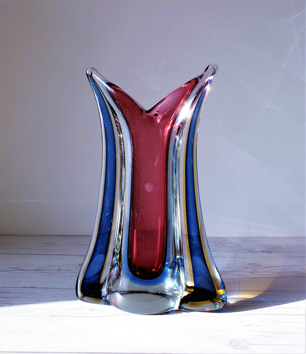 AnyesAttic Glass Mid Century Murano att. Flavio Poli, Multi-Layer Sommerso Sculpted Vase | 1950s-70s, Rare Form