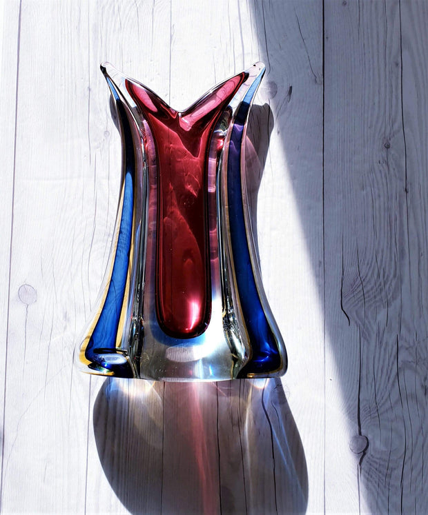 AnyesAttic Glass Mid Century Murano att. Flavio Poli, Multi-Layer Sommerso Sculpted Vase | 1950s-70s, Rare Form