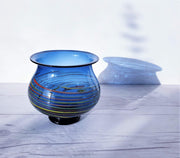 AnyesAttic Glass Mid Century Steel Blue Lucite with Swirl Band Decor Footed Bowl Vase | 1950s – 60s, German