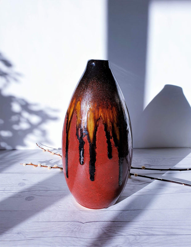 AnyesAttic Ceramic Modernist Studio, Flame Palette Running Glaze Bullet Ceramic Vase | West German