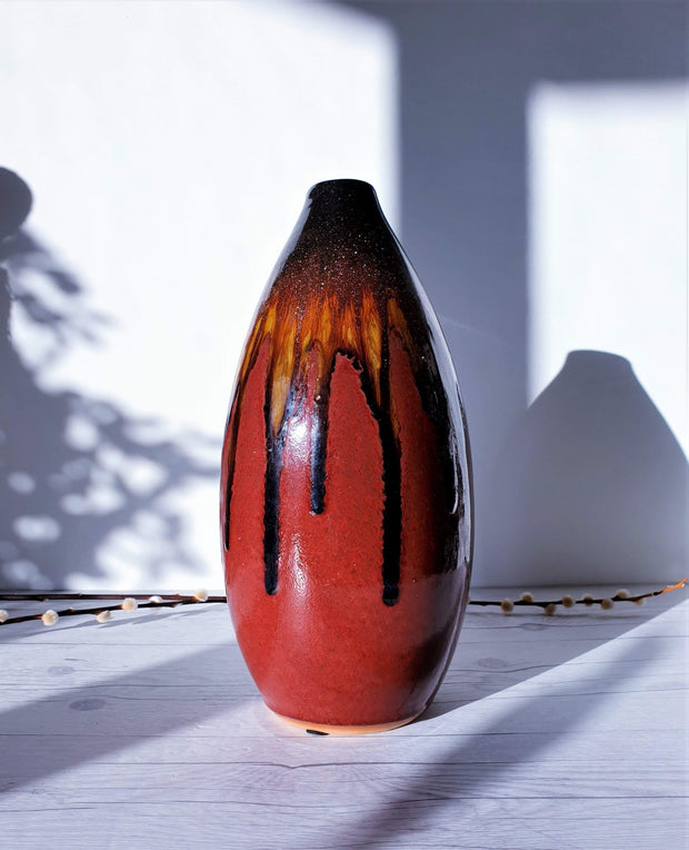 AnyesAttic Ceramic Modernist Studio, Flame Palette Running Glaze Bullet Ceramic Vase | West German