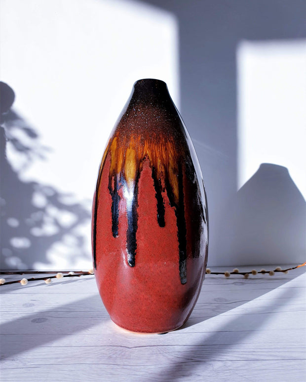 AnyesAttic Ceramic Modernist Studio, Flame Palette Running Glaze Bullet Ceramic Vase | West German