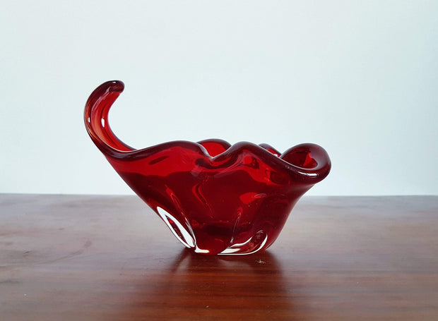 Murano Glass 1950s - 60s Italian Murano Red and Amber Sculpted Art Glass Dish - att. Fratelli Toso