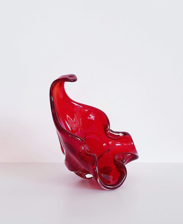 Murano Glass 1950s - 60s Italian Murano Red and Amber Sculpted Art Glass Dish - att. Fratelli Toso