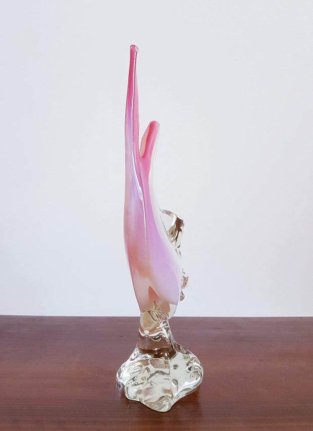 Murano Glass 1960s Italian Murano Opalino White, Pink and Sommerso Clear Cased Fish on Glass Rock Sculpture