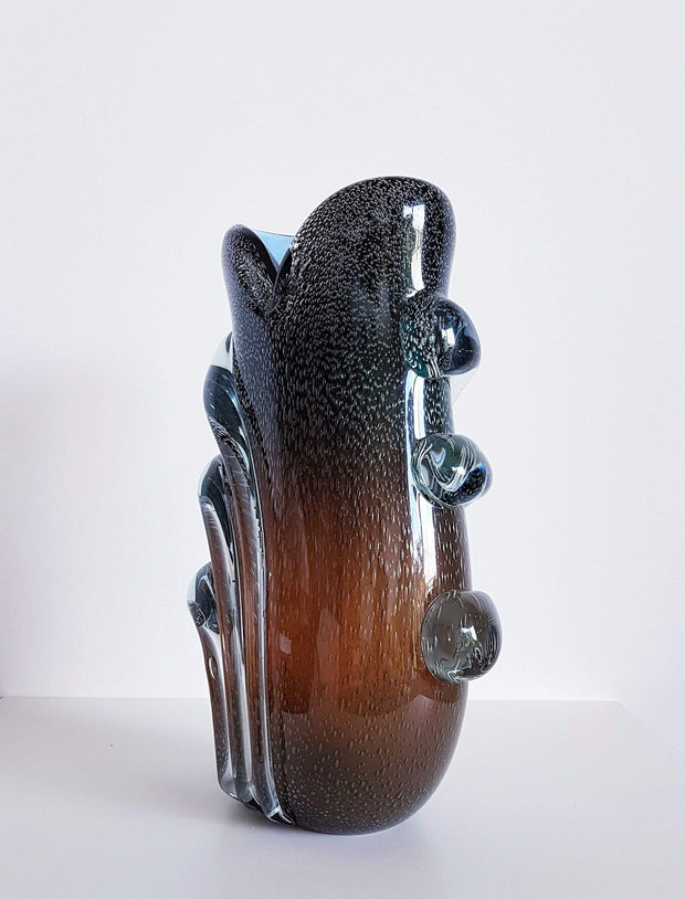 Murano Glass 1970s Italian Murano Bullicante Turquoise Teal and Amber 'Kraken' Art Glass Vase - att. to Seguso