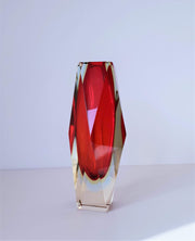 Murano Glass 1970s Italian Murano by Mandruzzato, Red, Yellow and Ice Blue Triple Cased Faceted Art Glass Vase