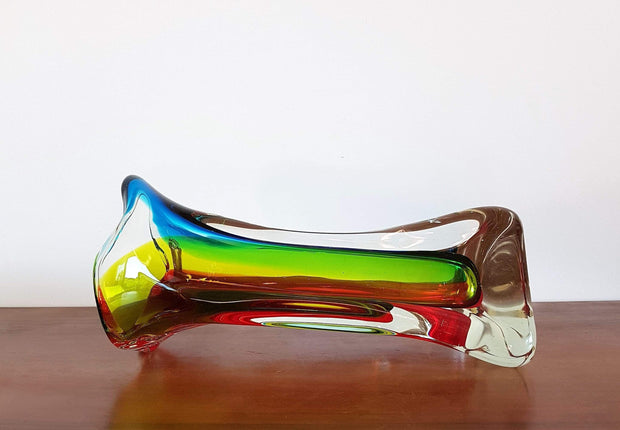 Murano Glass 1970s Italian Murano Sommerso att to Flavio Poli for Seguso Red, Blue, Chartreuse Green 3 Lobed Vase