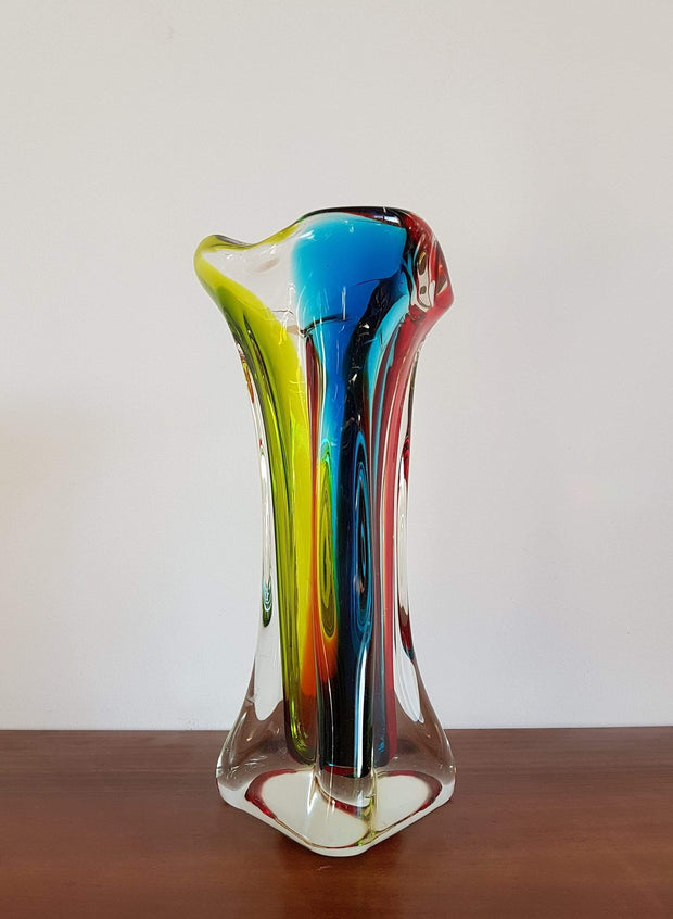 Murano Glass 1970s Italian Murano Sommerso att to Flavio Poli for Seguso Red, Blue, Chartreuse Green 3 Lobed Vase