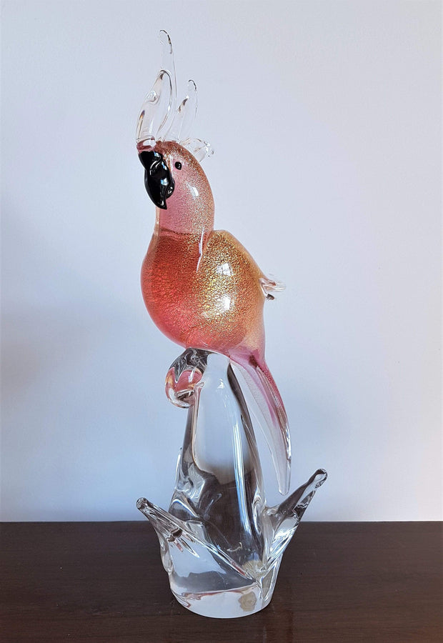 Murano Glass 1980s Italian Murano Formia Pink and Gold Avventurine Sommerso Cockatoo Art Glass Bird Sculpture