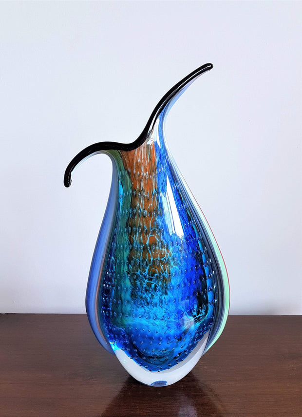 Murano Glass 1980s Italian Murano Modern Bullicante, Sommerso and Crackle Cased Glass Beak Jug Vase