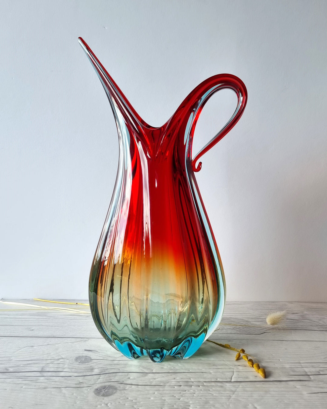 Murano, Handblown Venetian Art Glass Ribbed Ruby Red, Amber and