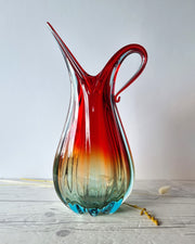 Murano Glass Murano, Handblown Venetian Art Glass Ribbed Ruby Red, Amber and Ice Palette Jug Vase, 1960s