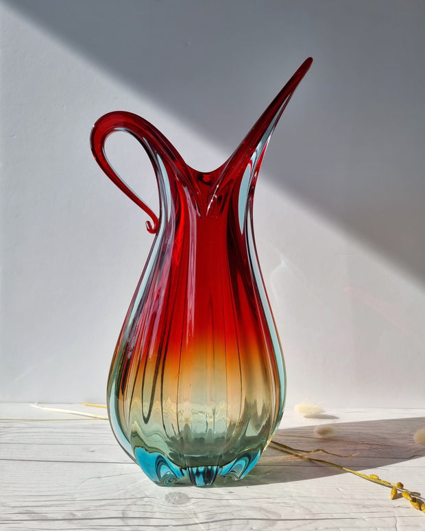 Murano Glass Murano, Handblown Venetian Art Glass Ribbed Ruby Red, Amber and Ice Palette Jug Vase, 1960s