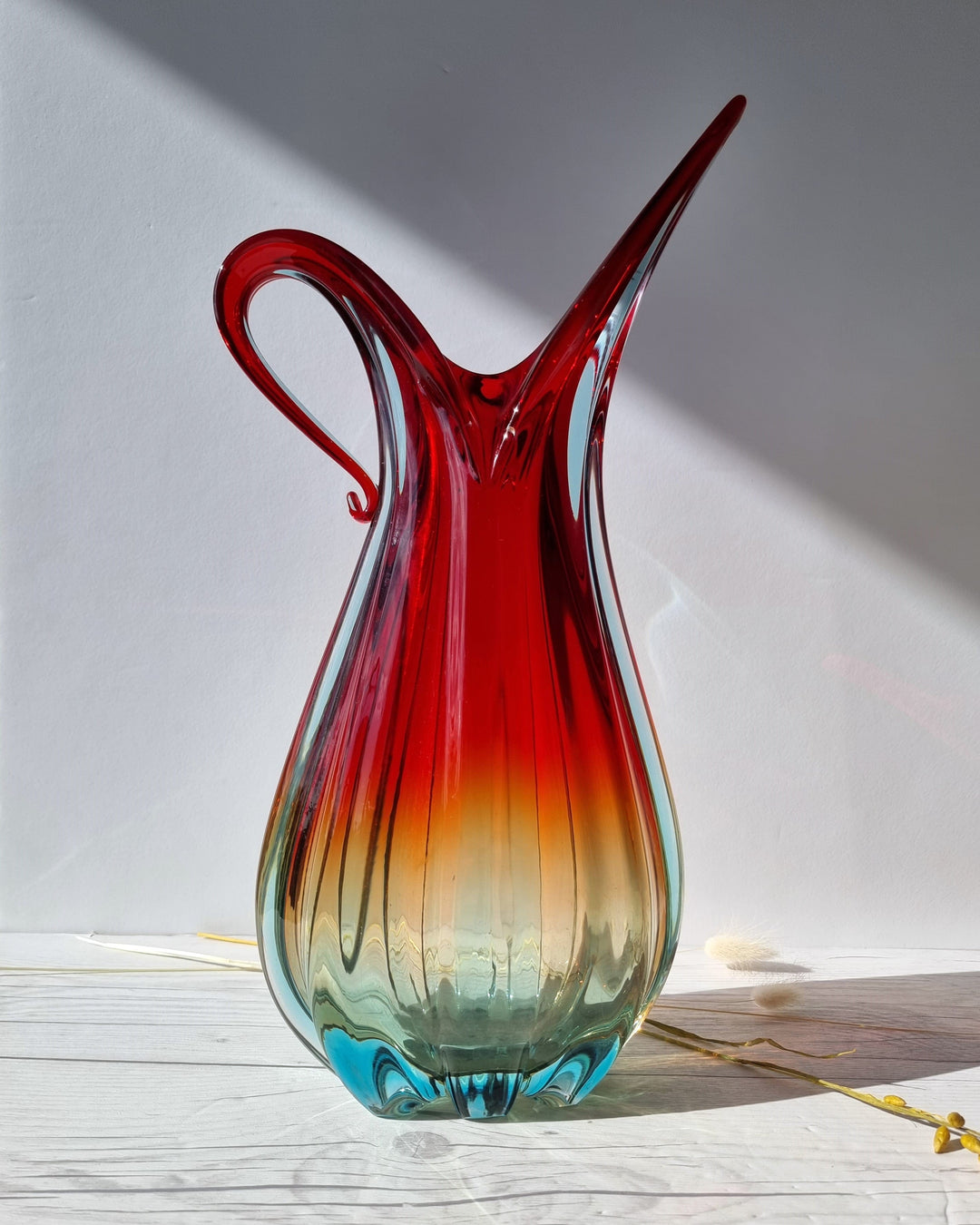 Murano, Handblown Venetian Art Glass Ribbed Ruby Red, Amber and