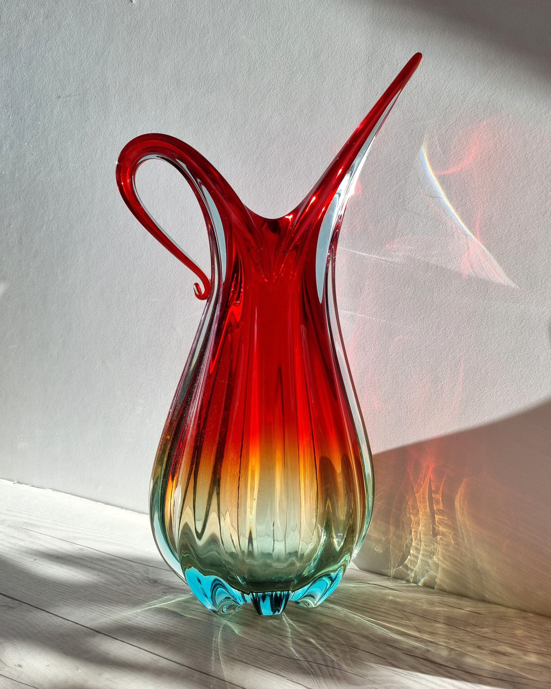 Murano, Handblown Venetian Art Glass Ribbed Ruby Red, Amber and