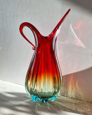 Murano Glass Murano, Handblown Venetian Art Glass Ribbed Ruby Red, Amber and Ice Palette Jug Vase, 1960s