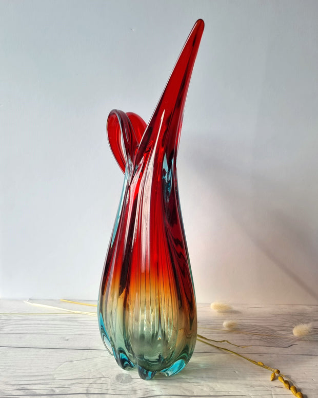 Murano Glass Murano, Handblown Venetian Art Glass Ribbed Ruby Red, Amber and Ice Palette Jug Vase, 1960s