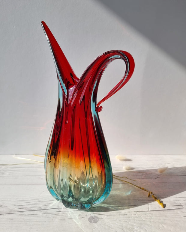 Murano Glass Murano, Handblown Venetian Art Glass Ribbed Ruby Red, Amber and Ice Palette Jug Vase, 1960s