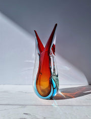 Murano Glass Murano Red, Blue and Amber Double Layer Sommerso Twin-Handled Fishtail Vase, 1960-70s, Rare Form