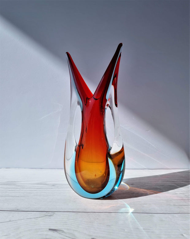 Murano Glass Murano Red, Blue and Amber Double Layer Sommerso Twin-Handled Fishtail Vase, 1960-70s, Rare Form