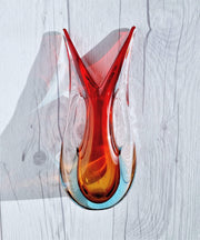 Murano Glass Murano Red, Blue and Amber Double Layer Sommerso Twin-Handled Fishtail Vase, 1960-70s, Rare Form