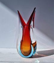 Murano Glass Murano Red, Blue and Amber Double Layer Sommerso Twin-Handled Fishtail Vase, 1960-70s, Rare Form