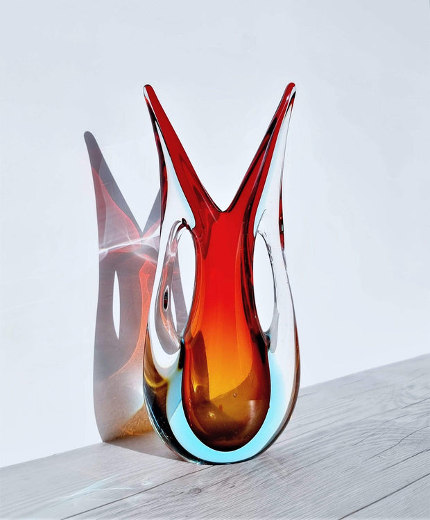 Murano Glass Murano Red, Blue and Amber Double Layer Sommerso Twin-Handled Fishtail Vase, 1960-70s, Rare Form