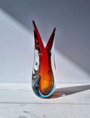 Murano Glass Murano Red, Blue and Amber Double Layer Sommerso Twin-Handled Fishtail Vase, 1960-70s, Rare Form