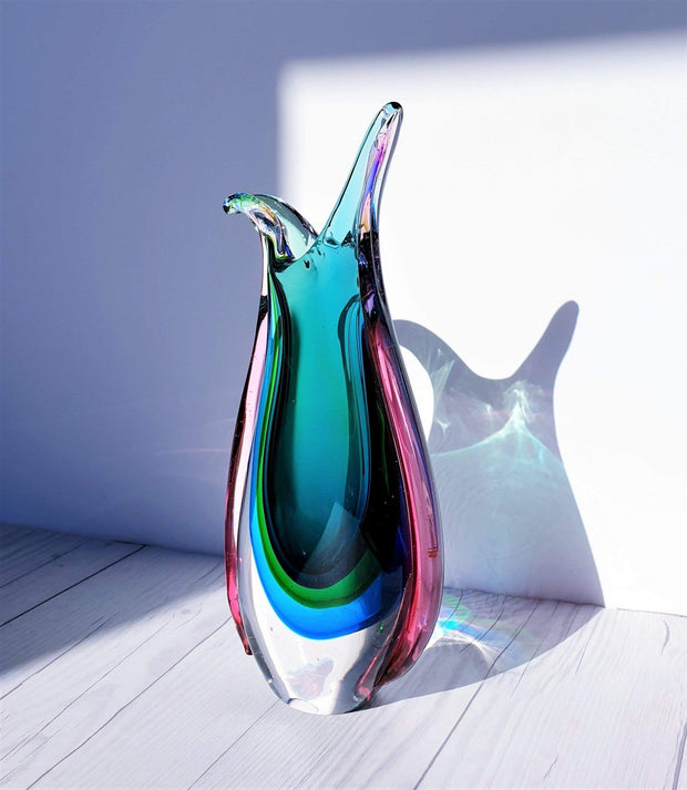 AnyesAttic Glass Murano Sommerso Quad Colour Art Glass 'Beaker' Pitcher Vase, Luigi Onesto, 1970s - 80s