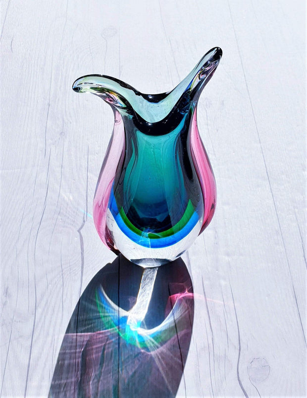 AnyesAttic Glass Murano Sommerso Quad Colour Art Glass 'Beaker' Pitcher Vase, Luigi Onesto, 1970s - 80s