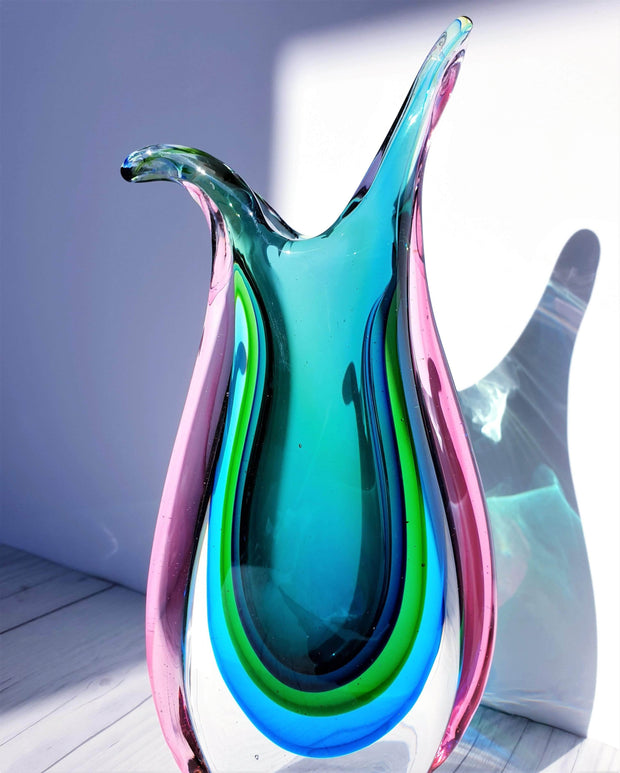 AnyesAttic Glass Murano Sommerso Quad Colour Art Glass 'Beaker' Pitcher Vase, Luigi Onesto, 1970s - 80s