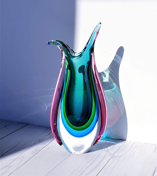 AnyesAttic Glass Murano Sommerso Quad Colour Art Glass 'Beaker' Pitcher Vase, Luigi Onesto, 1970s - 80s