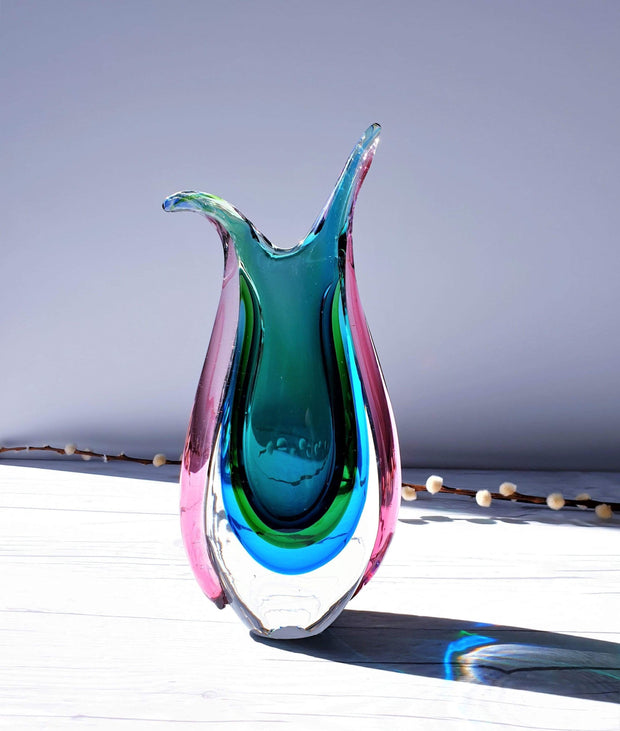 AnyesAttic Glass Murano Sommerso Quad Colour Art Glass 'Beaker' Pitcher Vase, Luigi Onesto, 1970s - 80s