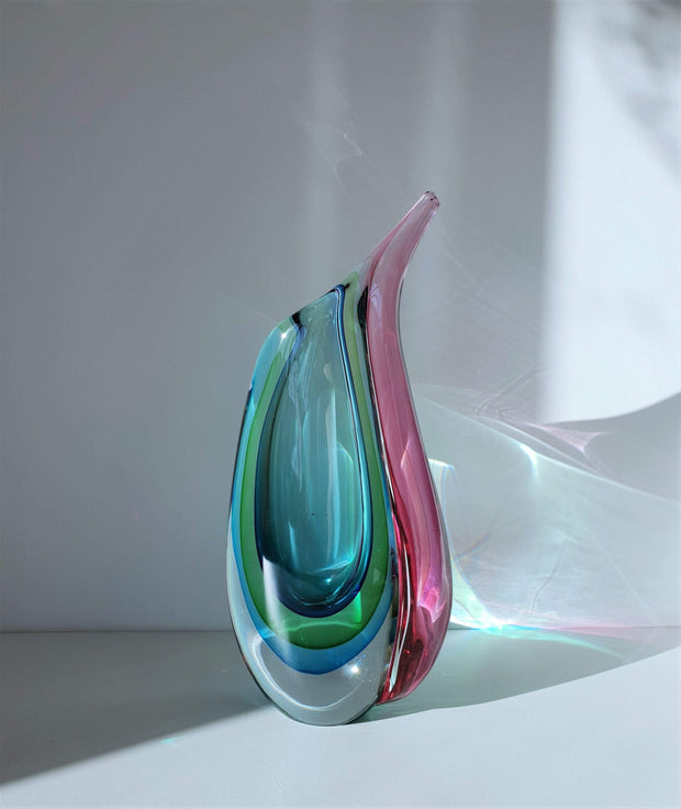 AnyesAttic Glass Murano Sommerso Quad Colour Winged Art Glass Vase, Luigi Onesto, 1970s - 80s