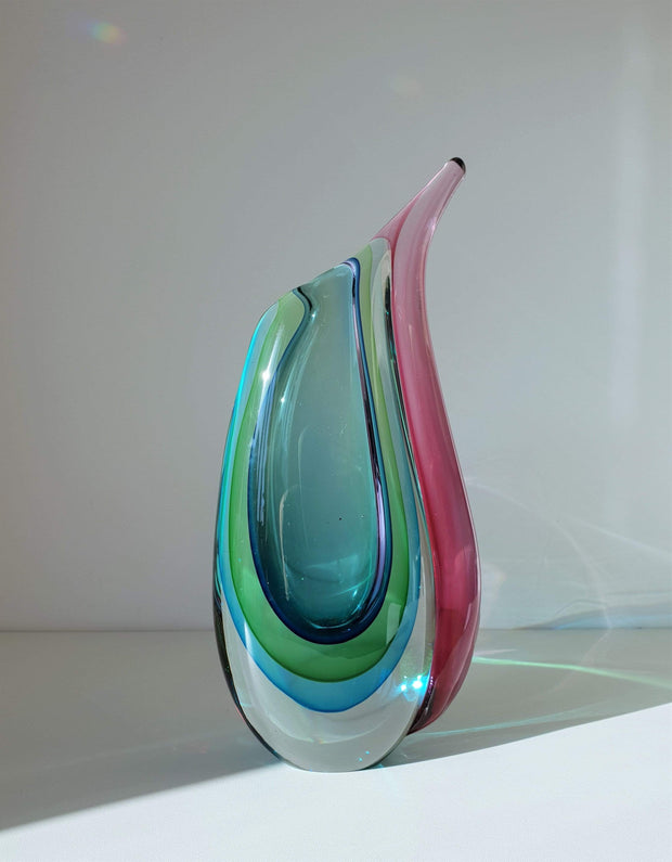 AnyesAttic Glass Murano Sommerso Quad Colour Winged Art Glass Vase, Luigi Onesto, 1970s - 80s