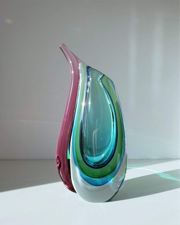 AnyesAttic Glass Murano Sommerso Quad Colour Winged Art Glass Vase, Luigi Onesto, 1970s - 80s