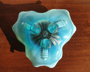 Northwood Glass 1960s American Northwood Klondike Carnival Glass Pale Blue Opalescent 3 Footed Glass Dish