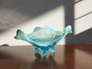 Northwood Glass 1960s American Northwood Klondike Carnival Glass Pale Blue Opalescent 3 Footed Glass Dish