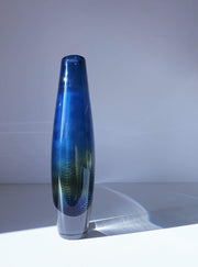 Orrefors Glas Glass Collectors: Swedish Orrefors 1954 Sven Palmqvist Tall Blue and Yellow Kraka Art Glass Vase