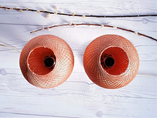 AnyesAttic Lighting Pair of 1950s-60s Mid Century Modernist, Woven Cocoon Coral and Cream Table Lamps | Panton Era