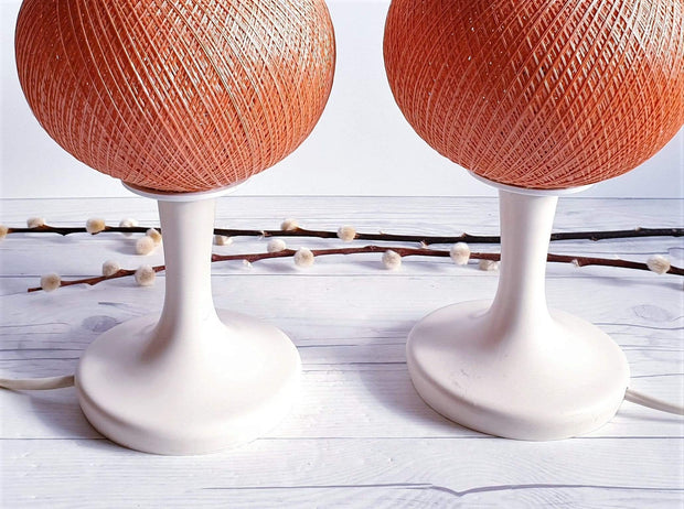 AnyesAttic Lighting Pair of 1950s-60s Mid Century Modernist, Woven Cocoon Coral and Cream Table Lamps | Panton Era