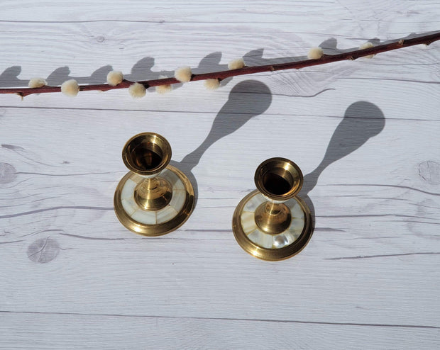 AnyesAttic Lighting Pair of 1960s - 70s Mother of Pearl and Brass Low Bougeoir Candlesticks